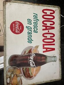 Rare Coca Cola Metal Sign  Refresca En Grande Spanish Sign 1966