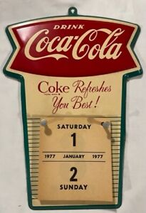 RARE Vintage Original Fishtail Coca Cola METAL SIGN CALENDAR with Calendar Pages