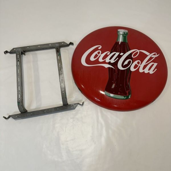1950s Coca Cola 24" Porcelain Red Metal Button Sign w/ Original Hanging Bracket