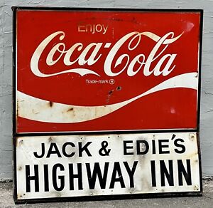 Vintage 45x46 Enjoy Coca Cola Jack & Edies Highway Inn Metal Advertising Sign
