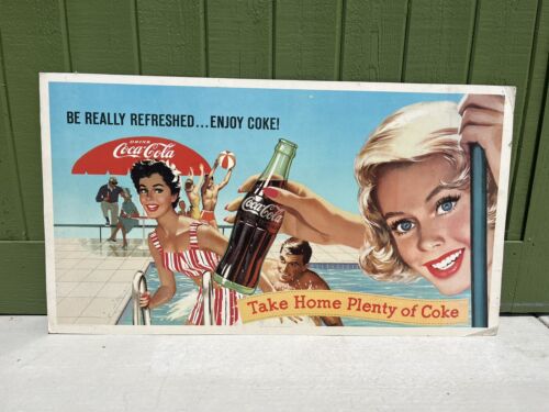 Vtg 1959 Coca Cola "Take Home Plenty of Coke" Pool Party Litho Cardboard Sign
