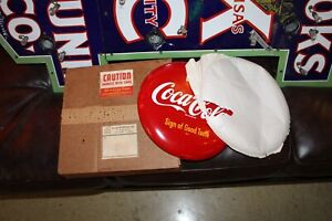 RARE 1950s DRINK COCA COLA 12" BUTTON PAINTED METAL SIGN NEW OLD STOCK WITH BOX