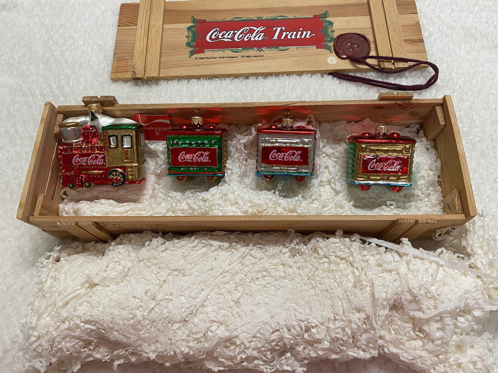 VINTAGE COCA COLA TRAIN SET ORNAMENTS POLAND POLONAISE IN ORIG WOOD BOX