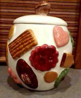 Vintage Los Angeles Pottery â??Cookies All Overâ? Cookie Jar Walnut Knob Lid 1950's