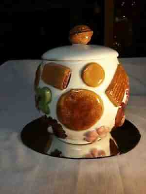Vintage Los Angeles Pottery â??Cookies All Overâ? Cookie Jar Walnut Knob Lid 1950s