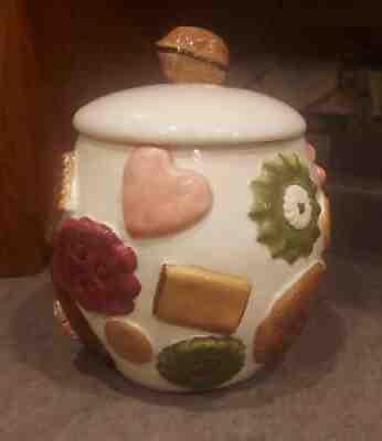 VINTAGE LOS ANGELES POTTERY "COOKIES ALL OVER" COOKIE JAR WALNUT KNOB LID 1950'S