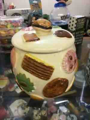 Vintage Los Angeles Pottery Cookies All Over Cookie Jar Walnut Knob Lid 1950s