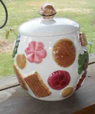 Vintage Los Angeles Pottery 1950's â??Cookies All Overâ? Cookie Jar w/ Walnut Knob