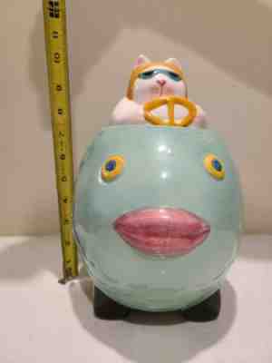 Vintage 1993 Cat Racer Driving a Fish Car Cookie Jar Clay Art San Francisco