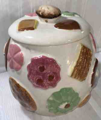 Vintage Los Angeles Pottery â??Cookies All Overâ? Cookie Jar Walnut On Lid 8.5â? Tal