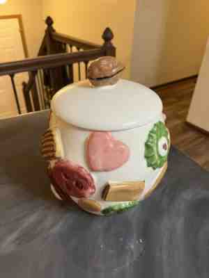 Vintage 1950s LOS ANGELES POTTERY â??Cookies All Overâ? Cookie Jar w/ Walnut Lid