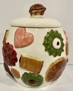 Vintage Los Angeles Potteries “Cookies All Over” Cookie Jar Walnut Finial; c1950