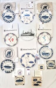 14 Lot Holland America Cruise Line Blue White Plates Delft Ceramic Tiles Bell
