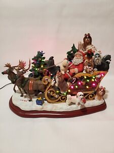 Danbury Mint Christmas Shih Tzu Dog & Santa Sleigh Lighted Figure Sculpture