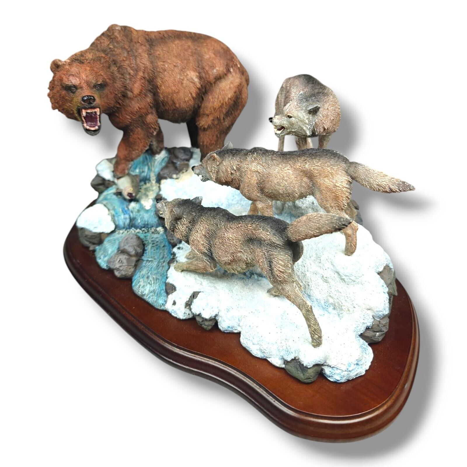 Danbury Mint Winter Ambush Bear Vs Wolves Figurine Sculpture On Wooden Base