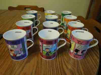 Danbury Mint Peanuts Calendar 9 oz porcelain mugs set of 12 January - December