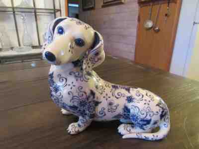 Danbury Mint Elegant Companion Porcelain Dachshund Dog Figurine *Blue/White *EUC