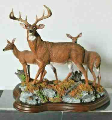 The Danbury Mint "Standing Guard" Deer Figurine Sculpture Buck and Two Does