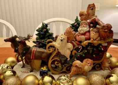 Danbury Mint Pomeranian Dogs Christmas Tree Sleigh Santa Reindeer OOP As Is NICE