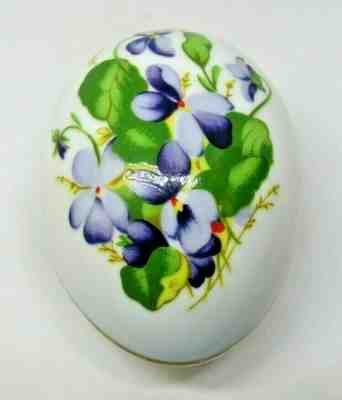 Vintage Danbury Mint Porcelain EGG Trinket Box Purple Violets 1980 Easter 