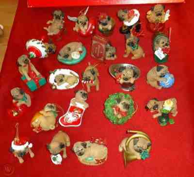 Danbury Mint Complete Set of 24 Pugs and Kisses Dog Ornaments with Tags MIB