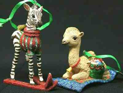PAIR of Danbury Mint Baby Animal Ornaments MIB, Zebra and Camel, Very Nice!