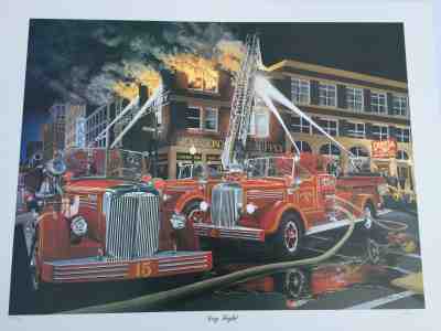 David Snyder 1995 Print  "Dog Fight" Vintage Mack Fire Trucks Danbury Mint Dave