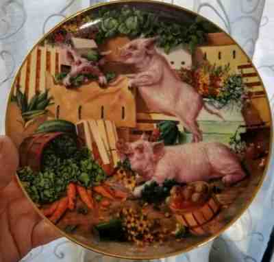 4 Vintage Plates Of Swine Pig Hog Signed By Joan Wright Danbury Mint Collection 