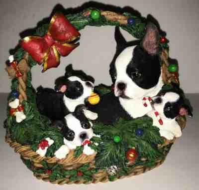 Danbury Mint Deck The Paws Boston Terrier Dog & Pup Christmas Basket Figurine