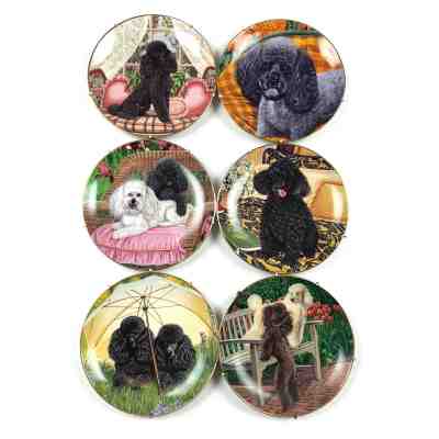 Danbury Mint Set 6 Black White Poodle Dog Collectible Hanging Plates Wall Decor