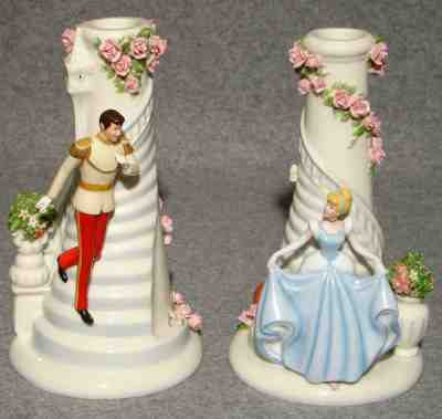 Pair DANBURY MINT Walt Disney CINDERELLA &PRINCE Charming Porcelain CANDLESTICKS