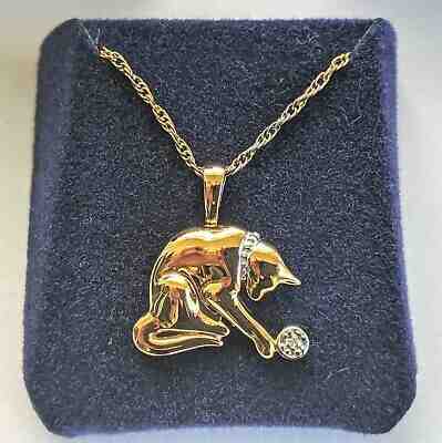 Retired Signed Danbury Mint 925 Sterling Playful Kitty Cat Yarn Pendant Necklace