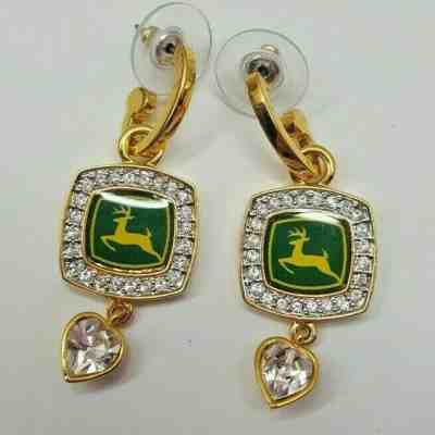 John Deere 24k plated Pierced Earrings danbury mint Swarovski crystals OOP