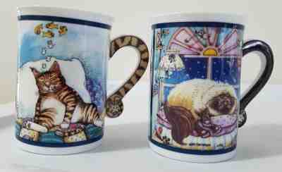 Comical Cats Porcelain Collector Mugs "Cat Nap" and "Spoiled Rotten" - New