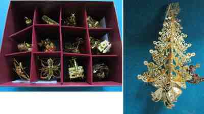 DANBURY MINT GOLD CHRISTMAS ORNAMENTS SET AND CHRISTMAS TREE NEW 