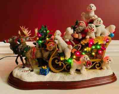Danbury Mint Bichon Frise Christmas Santa Sleigh Lighted Figurine Retired HTF