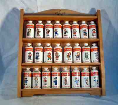 Vintage 1995 Danbury Mint Campbell Soup Kids Wooden Spice Rack & 24 Spice Jars