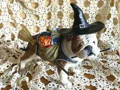 Danbury Mint Halloween Bulldog with treat bag witches hat ultra rare 12” retired