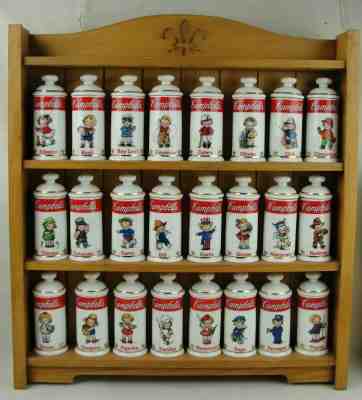 Vintage 1995 Danbury Mint Campbell Soup Kids Wooden Spice Rack & 24 Spice Jars