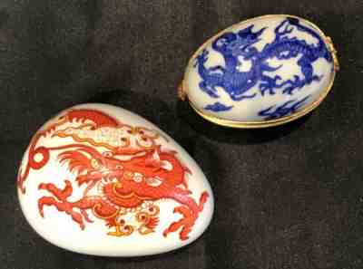 Lot of 2 Vintage Porcelain DRAGON Egg Trinket Boxes Neiman Marcus & Danbury Mint