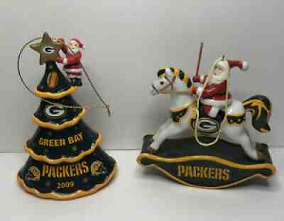 Lot of 2 Danbury Mint Green Bay Packers Christmas Ornaments 2007 2009 NFL Santa