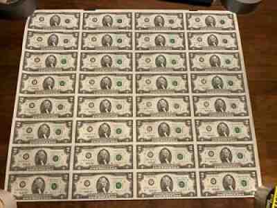 $2 Note Full Uncut Sheet $2 x 32 Notes 1995 Series with original shipping tube