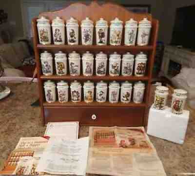 Vtg 1987 MJ Hummel 24 Spice Jars Set 24K Gold Trim Japan Danbury Mint w extras