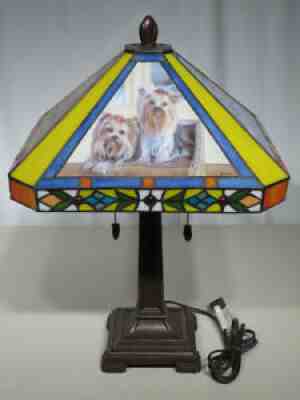 RARE! SIGNED! DANBURY MINT 21" YORKIE Tiffany Style Stained Glass Table Lamp!