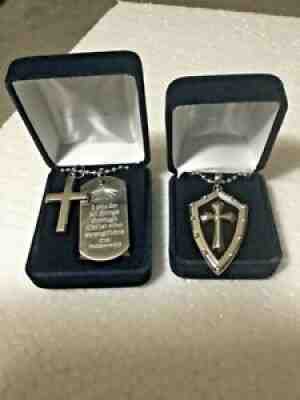 Lot of 2 Danbury Mint Cross & Shield Pendant with Necklace, Engraved Message