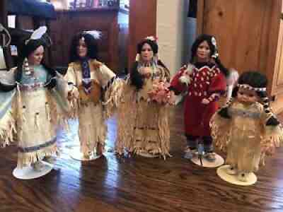 5 Native American Porcelain Dolls by J. Belle, And Fayzah Spanos