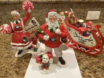 Danbury Mint GEORGIA Bulldogs Santa Mrs. Claus Sleigh Christmas Set DAWGS Rare