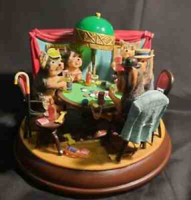 Danbury Mint Poker Playing Yorkies Dogs Light Up Figurine NEW w/ Flaws 2008