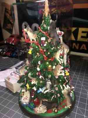 RARE Danbury Mint Lighted Siberian Husky Dog Christmas Tree Cold Cast Porcelain