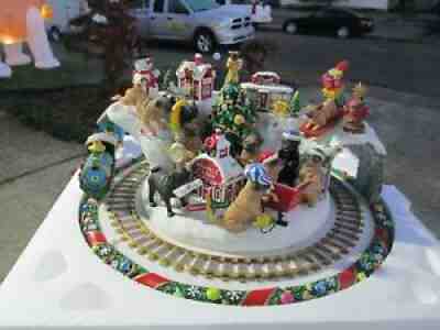 Danbury Mint Pugs Christmas Wonderland With Train Lighted In Box